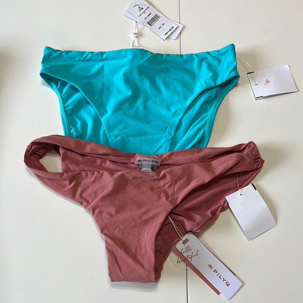 PILYQ Bikini Bottom Bundle Pink Ruched Teal High waist Size M
